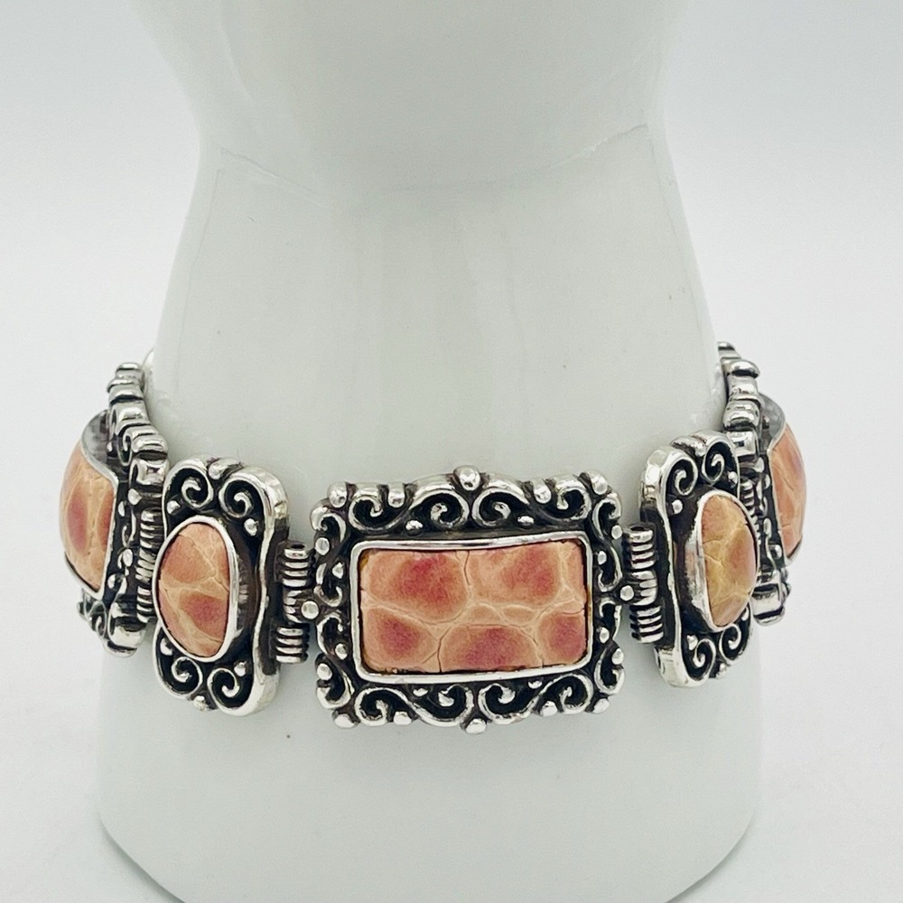Brighton Park Avenue Bracelet Pink Leather Croc Inlay Etched Silver Link‎